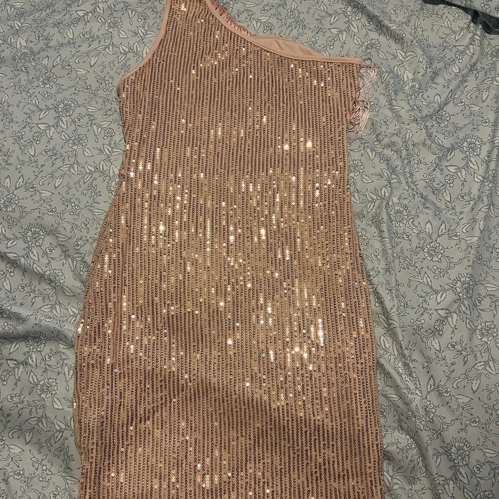 One-Shoulder Pink with Rose GoldSequin Party Dress - Picture 5 of 11